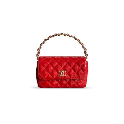 CHANEL HANDLE FLAP BAG PATENT CALFSKIN & GOLD METAL RED 496586 (18.5*10.5*8cm)
